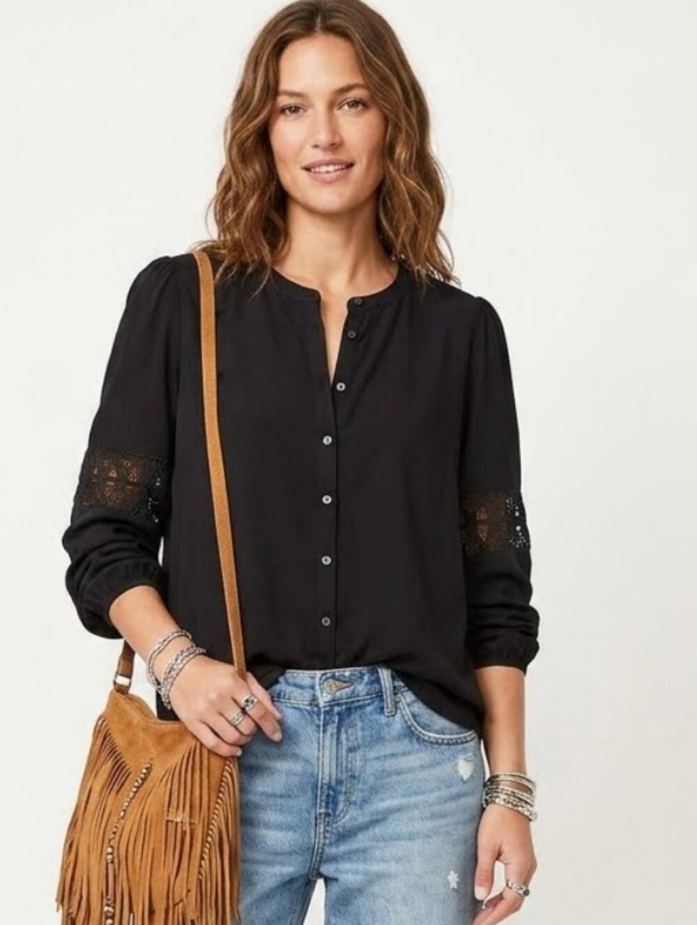 LOFT Black Button-Front Blouse with Crochet Sleeve Insets